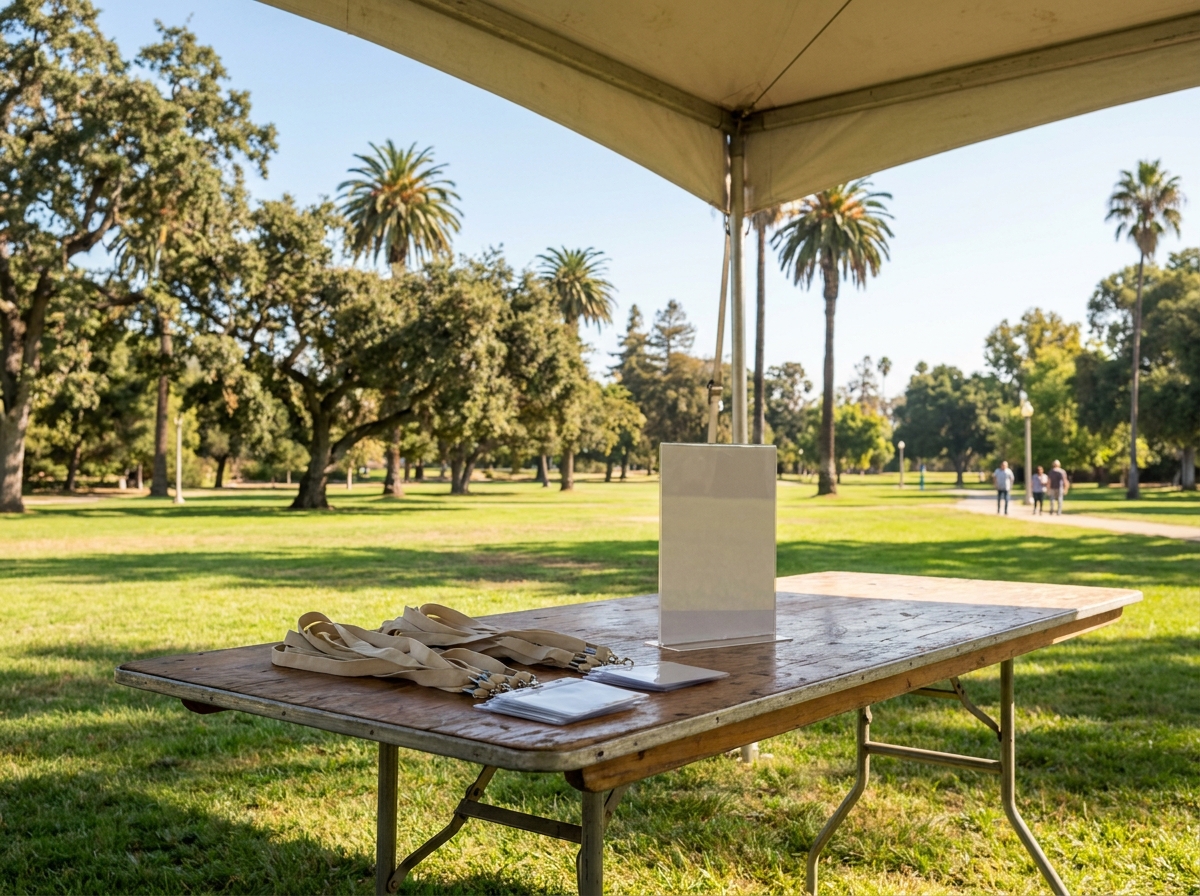An empty check-in table prepared for guests at an outdoor Tampa event.