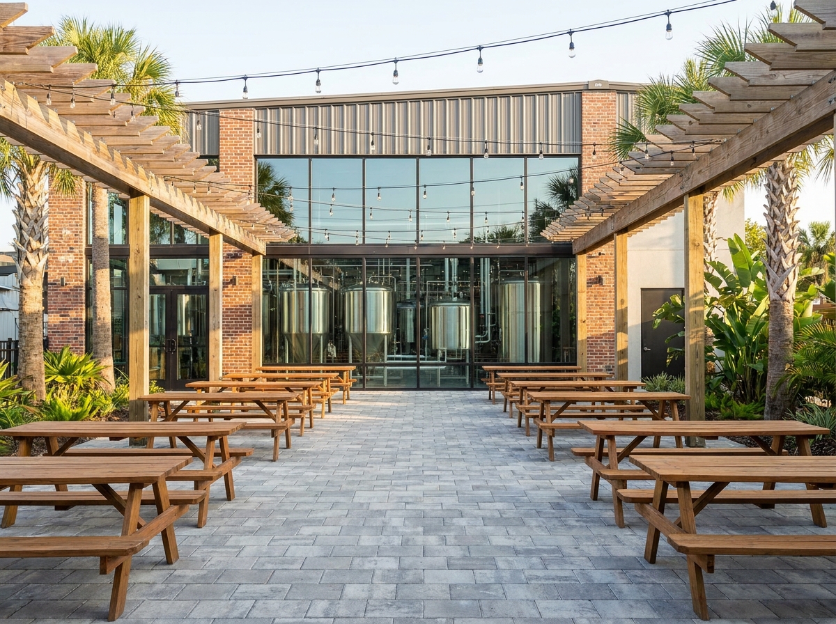 An empty patio at a Tampa brewery set up for an evening event.