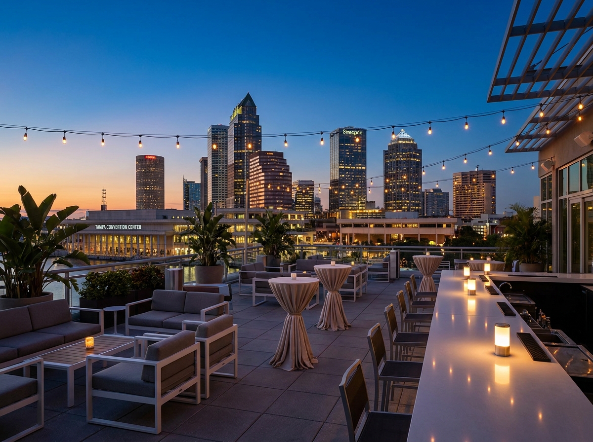An empty rooftop event space overlooking the Tampa skyline at dusk.