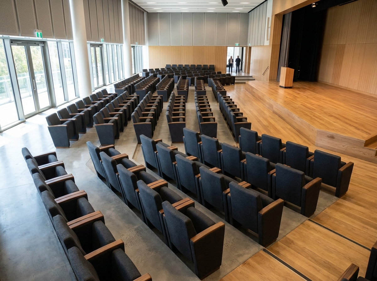 An empty stage and seating in a venue for a business event in Tampa.