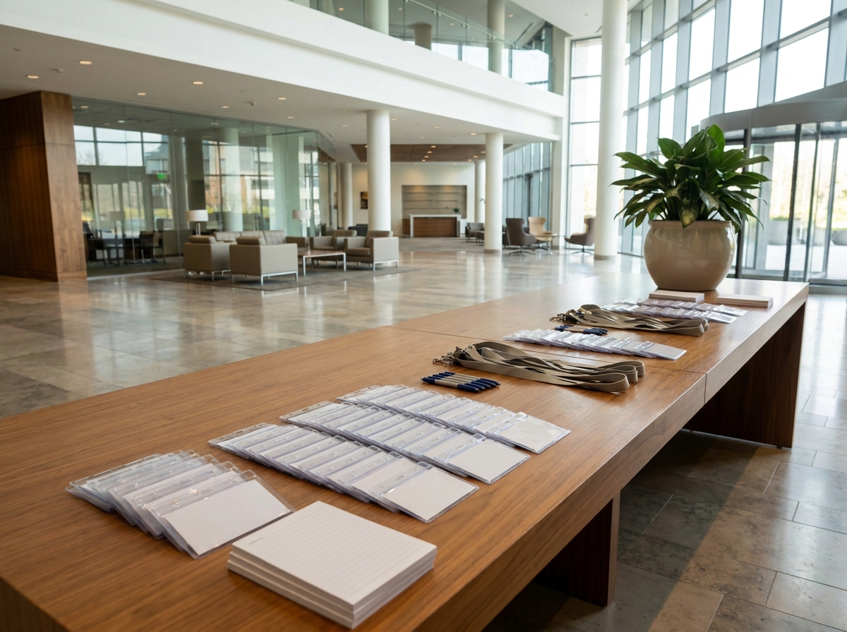 A registration desk prepared for check-in at a professional event.