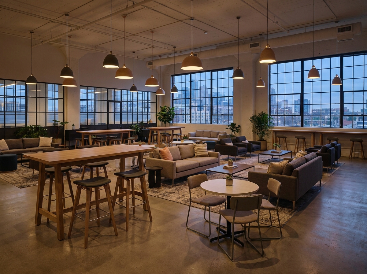 A modern co-working space set up for a networking event.
