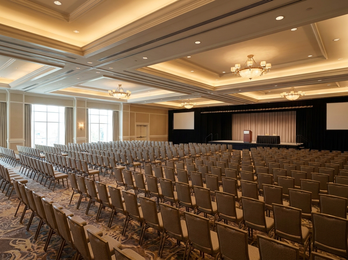 An empty hotel ballroom prepared for a large networking conference in Tampa.