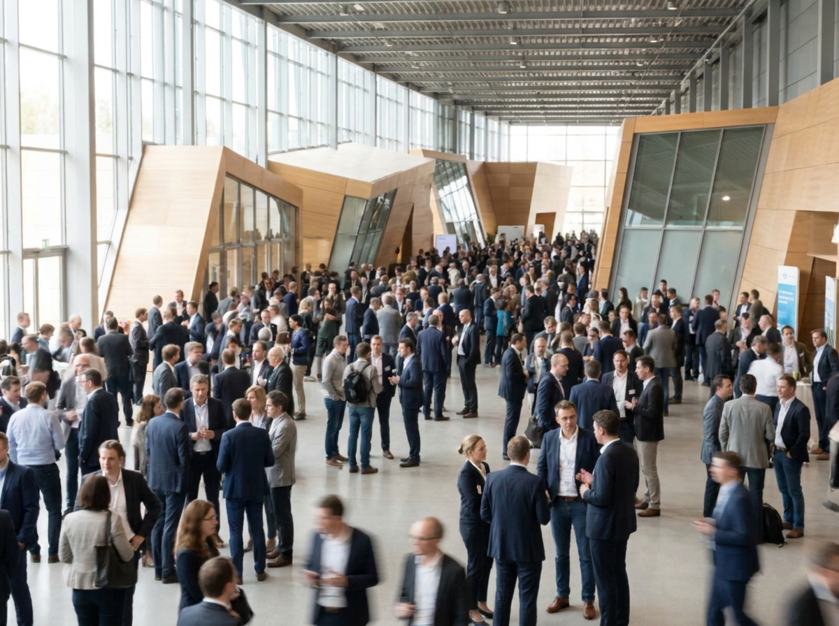 Professionals networking in a bright, modern hall during a tech summit.