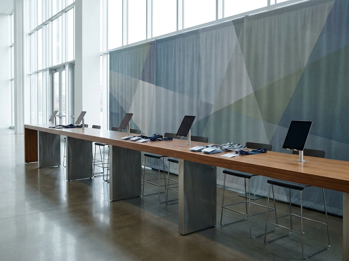 An empty, well-organized registration area at a professional tech conference.