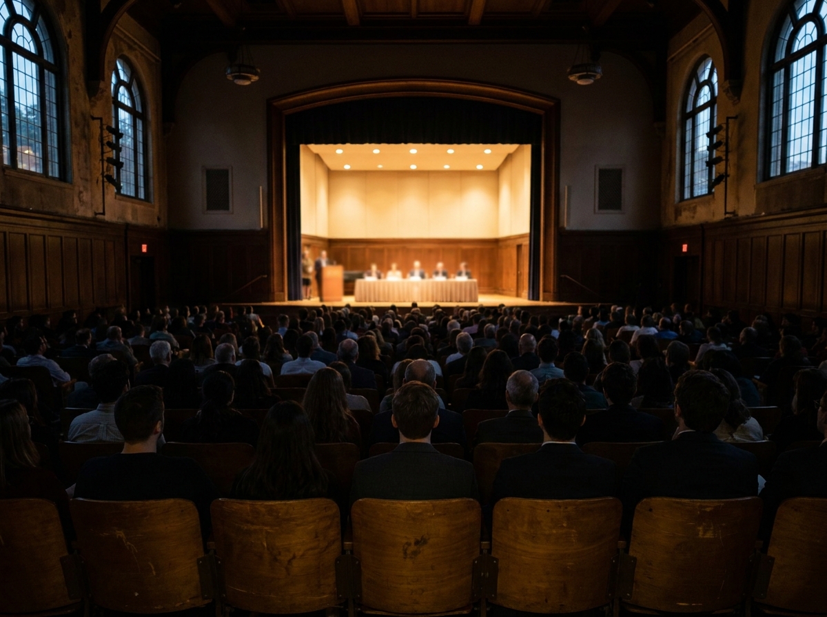A panel discussion on stage at a tech conference, viewed from the audience.