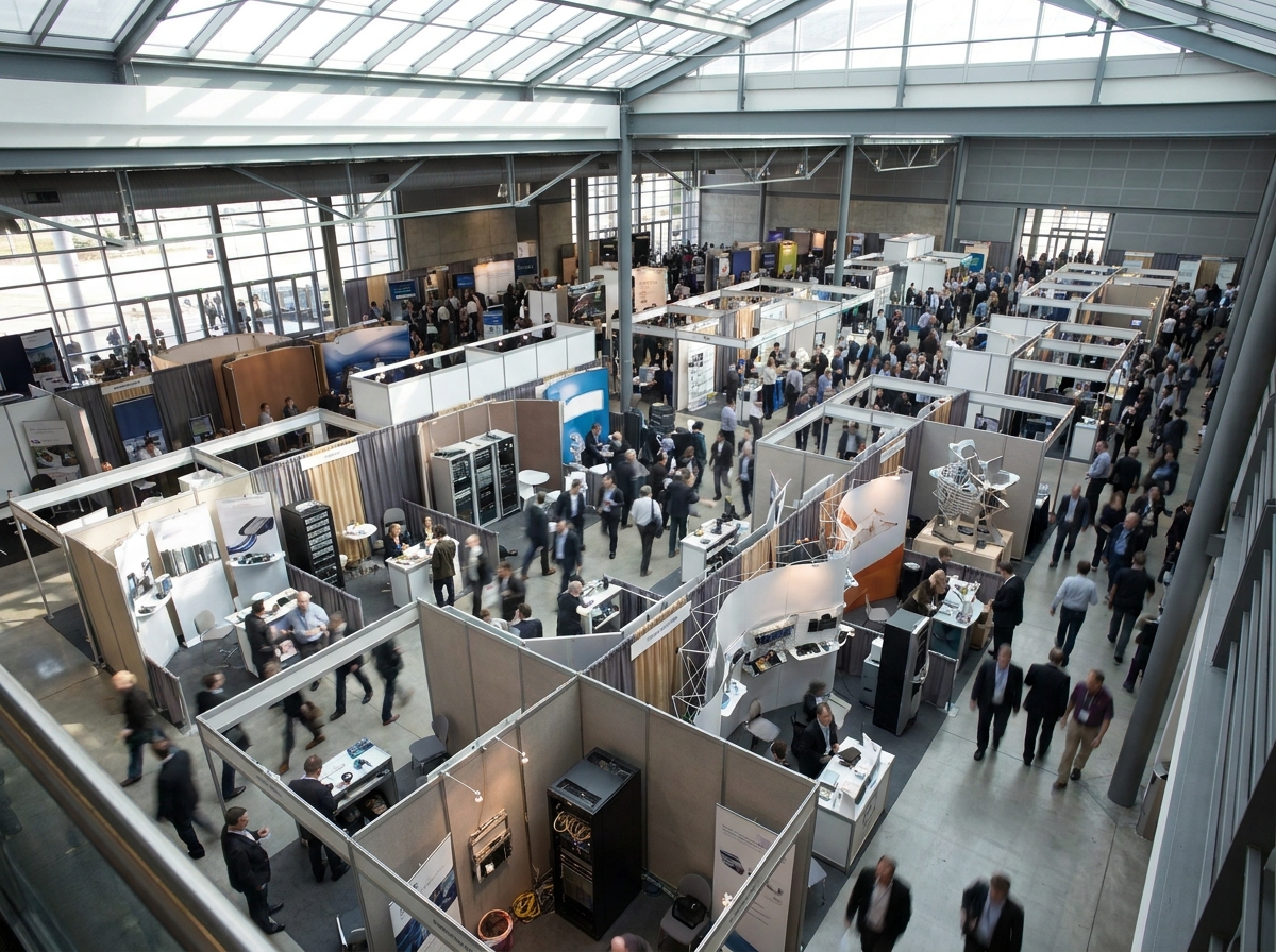 An aerial view of a busy expo floor at a technology conference.
