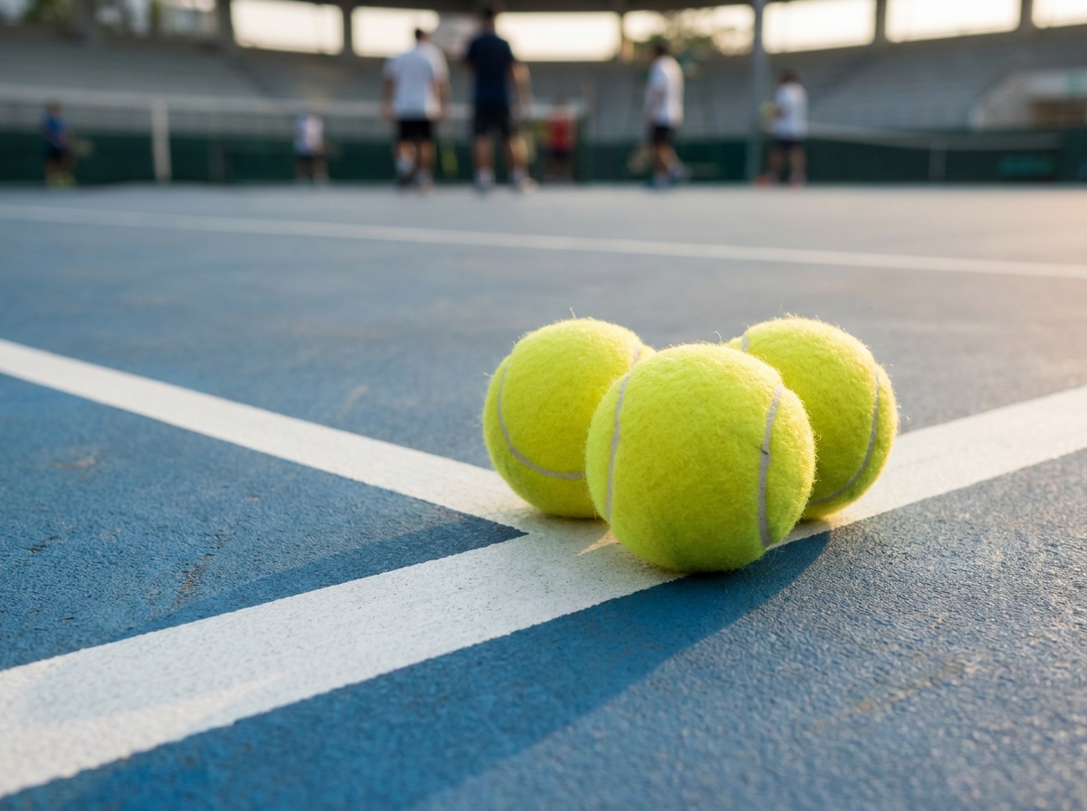 A line of yellow tennis balls on the white line of a tennis court.