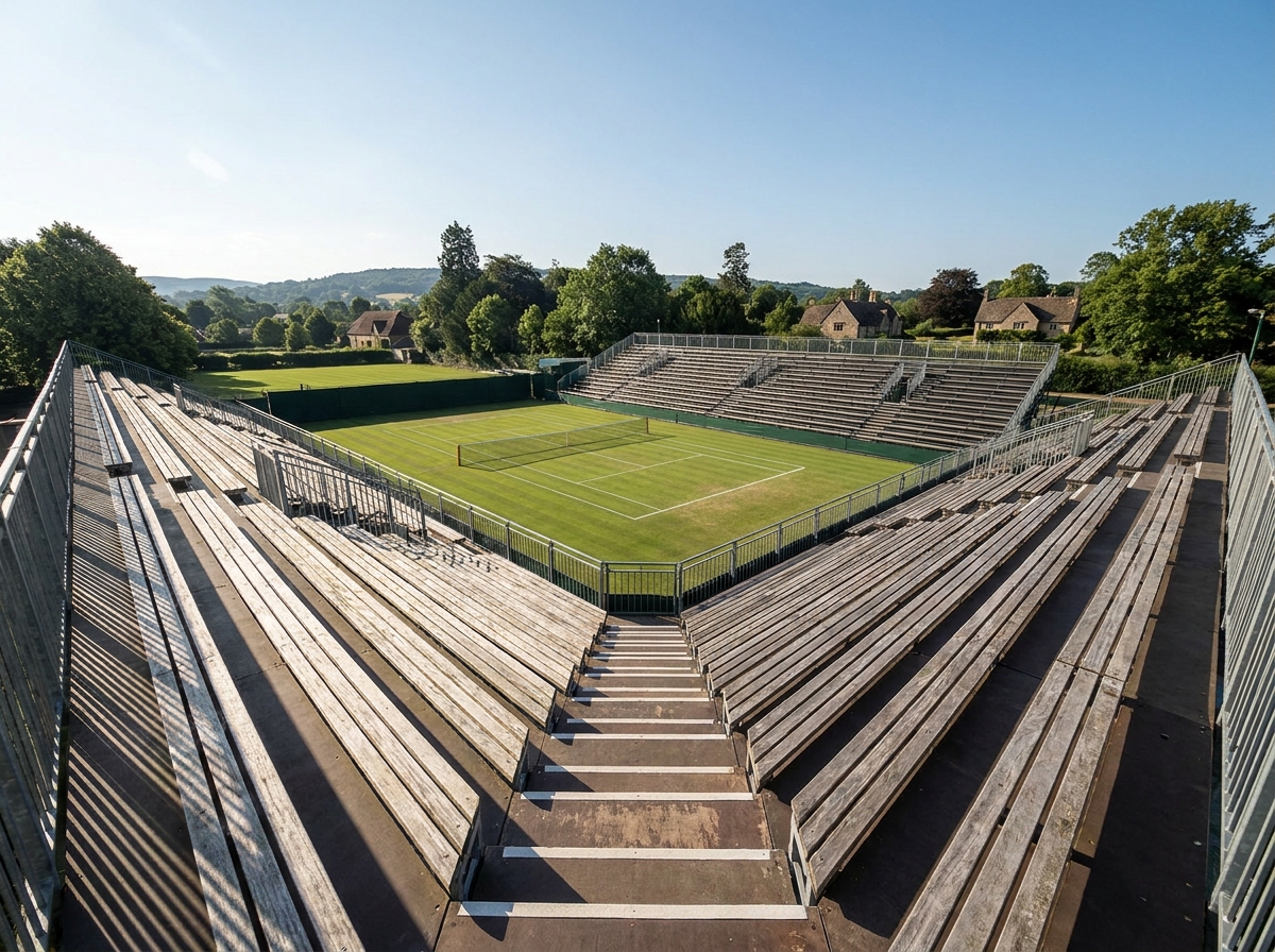 View of a professional grass tennis court from the spectator grandstand.