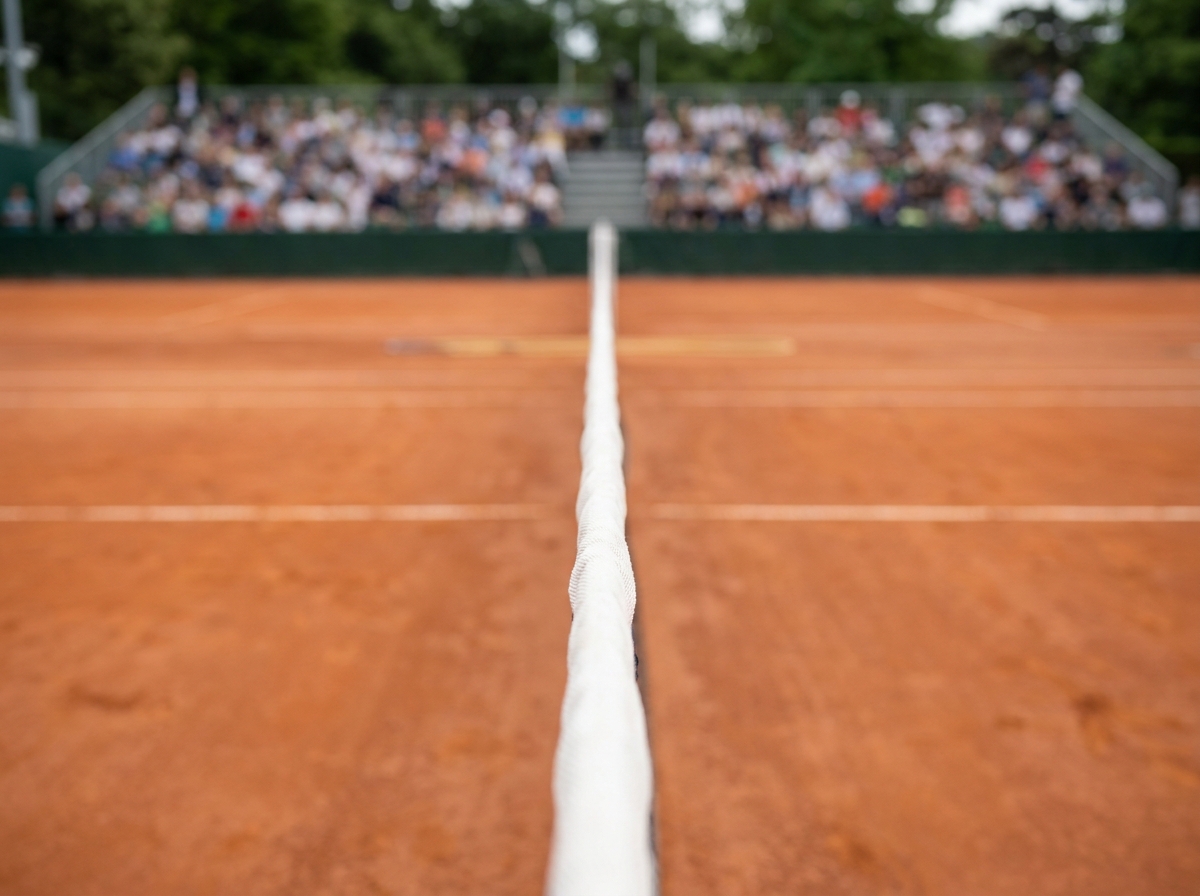 A close-up of a tennis net on a clay court before a match.