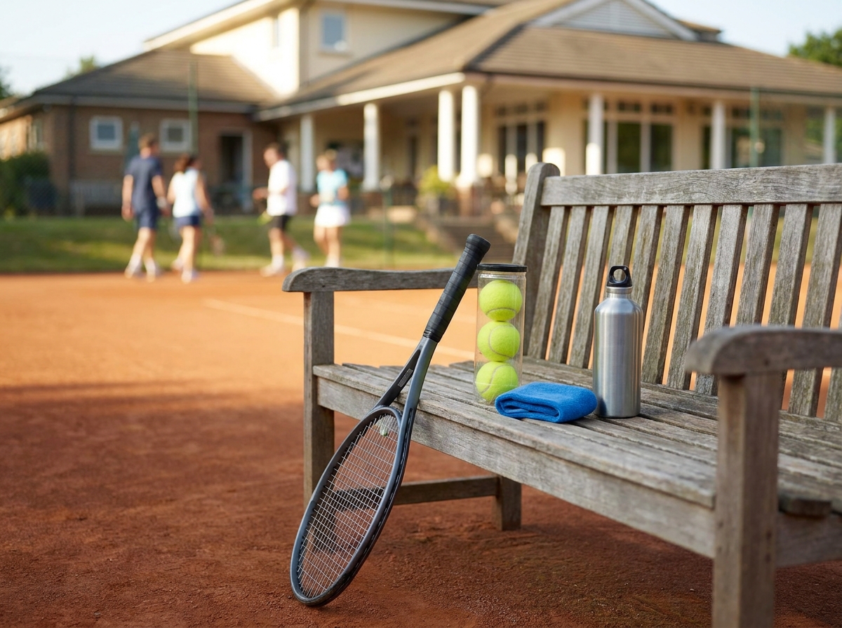 An overhead view of tennis equipment, including a racket and balls, for an event.