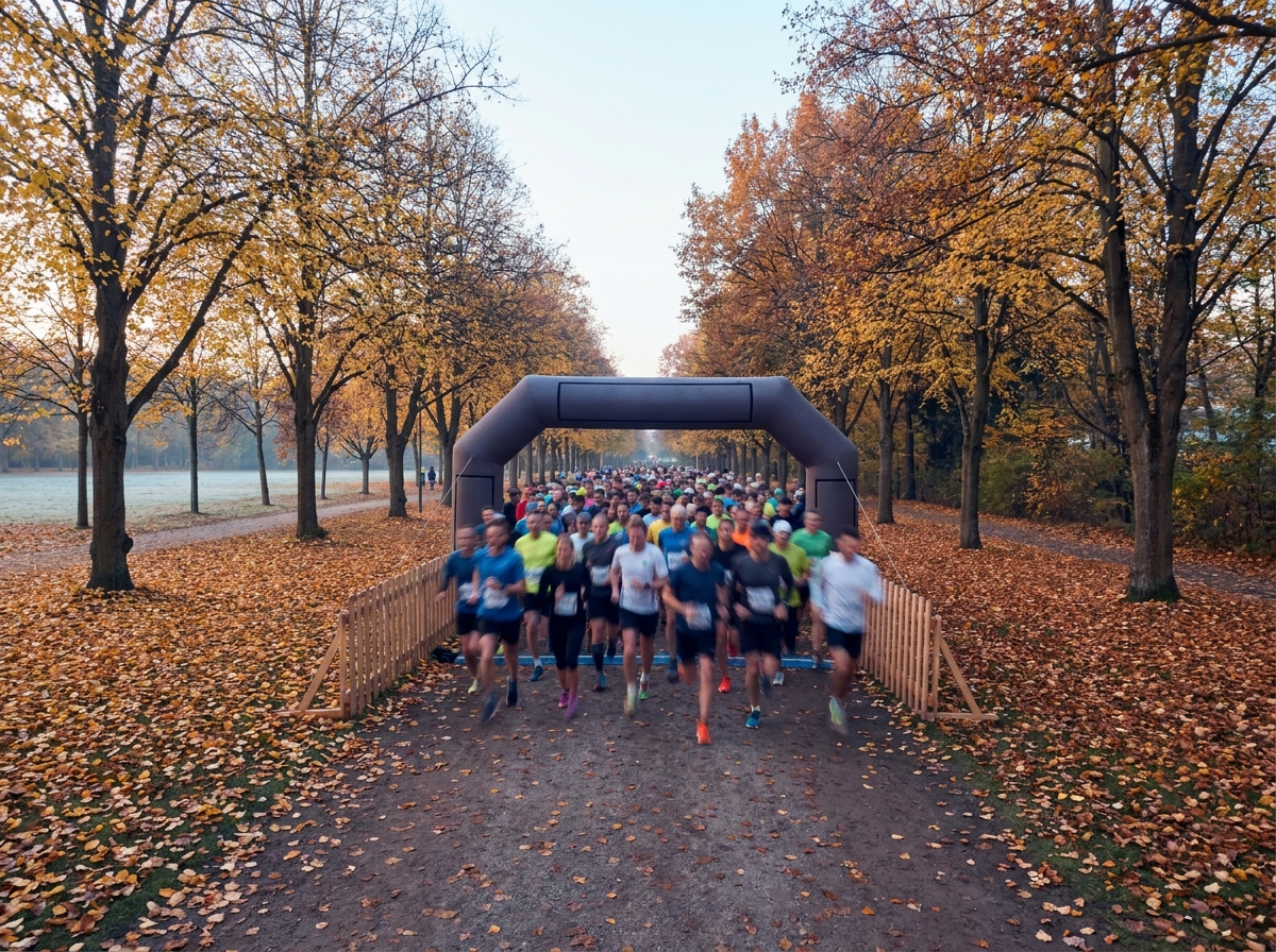 Runners at the starting line of a Thanksgiving turkey trot race.