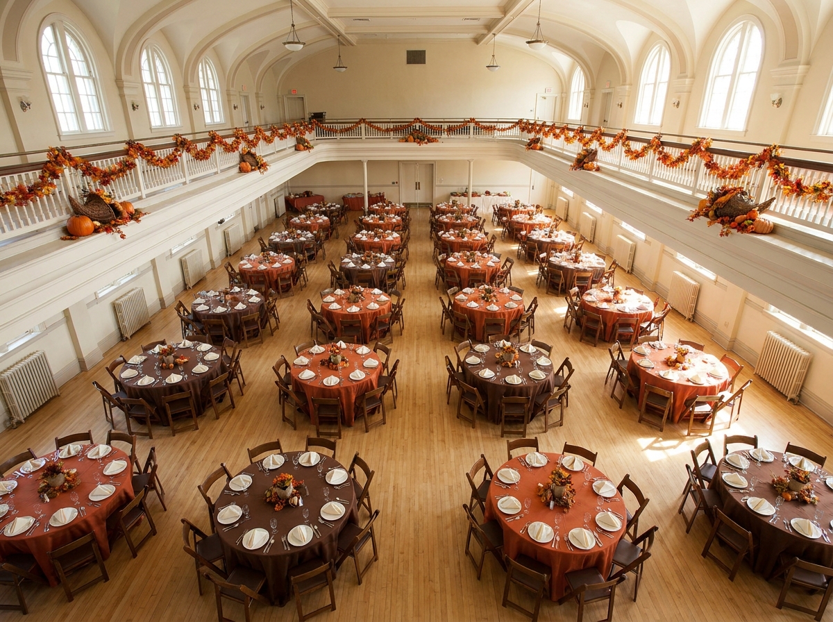 A large hall set up for a community Thanksgiving charity dinner.