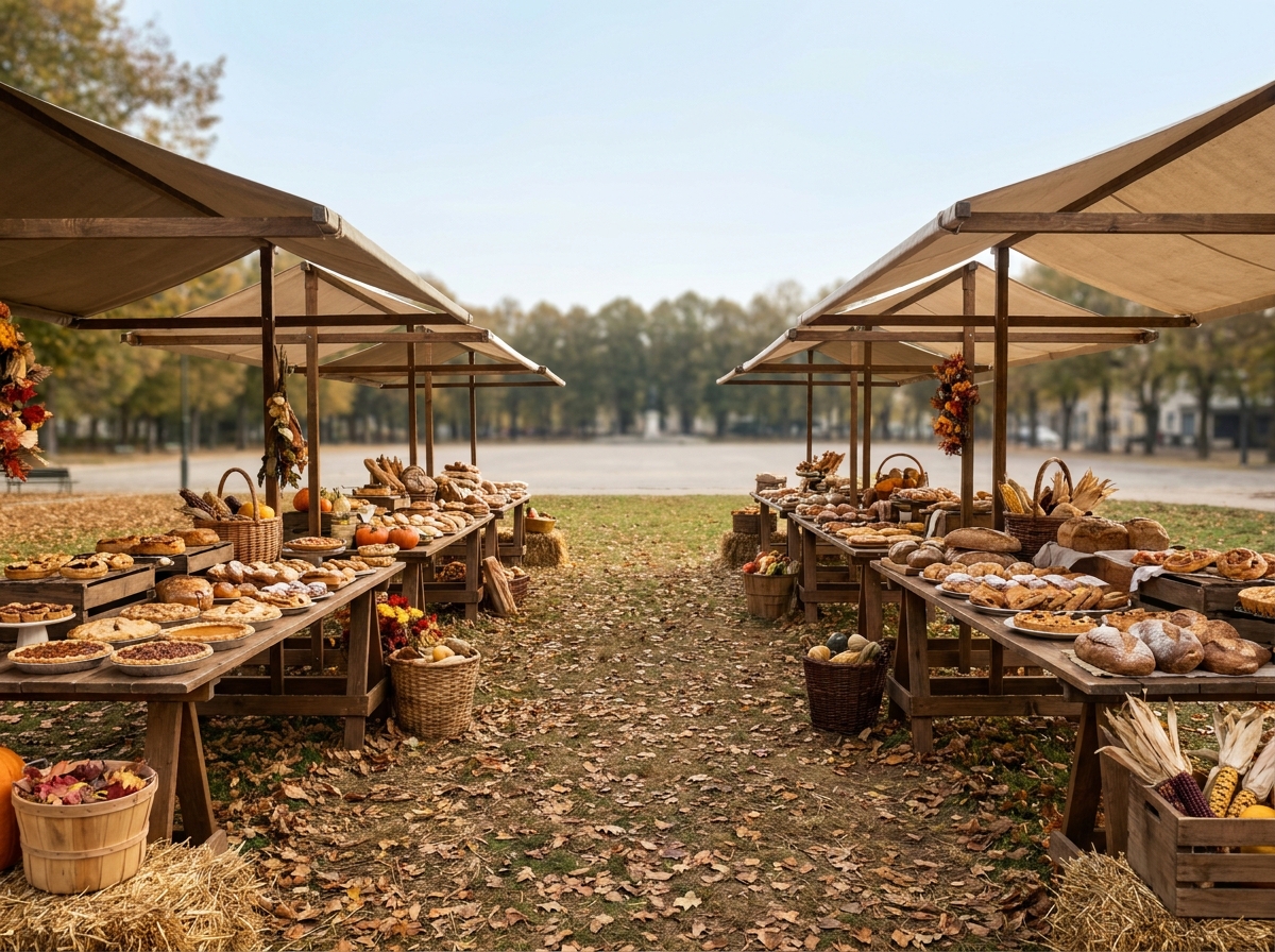 Pies and baked goods on display at a Thanksgiving market.