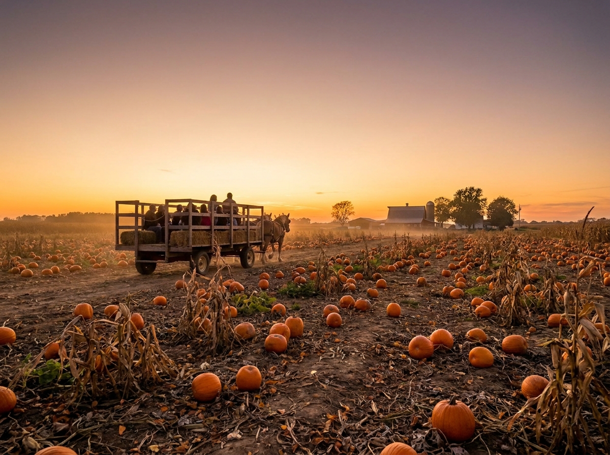 People enjoying a hayride through a pumpkin patch at a Thanksgiving event.