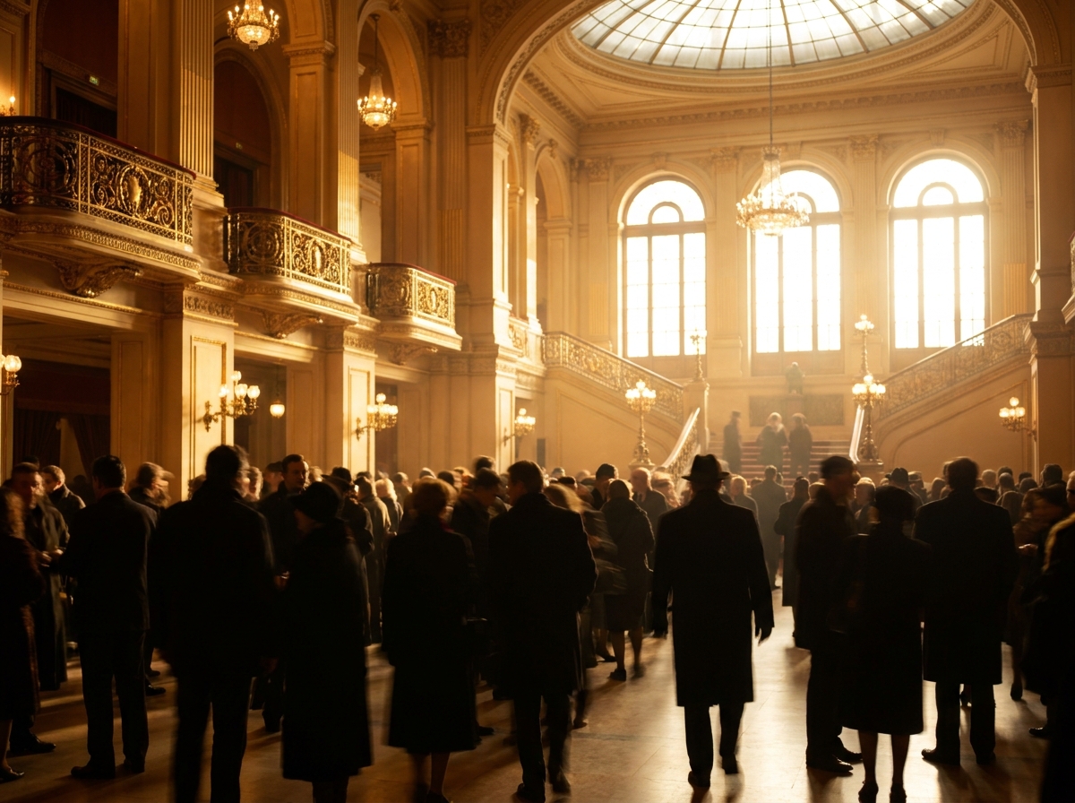 A crowded theatre lobby during an event, filled with attendees.