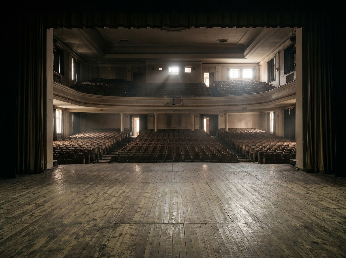 View from a theatre stage looking out at the empty seats of the auditorium.