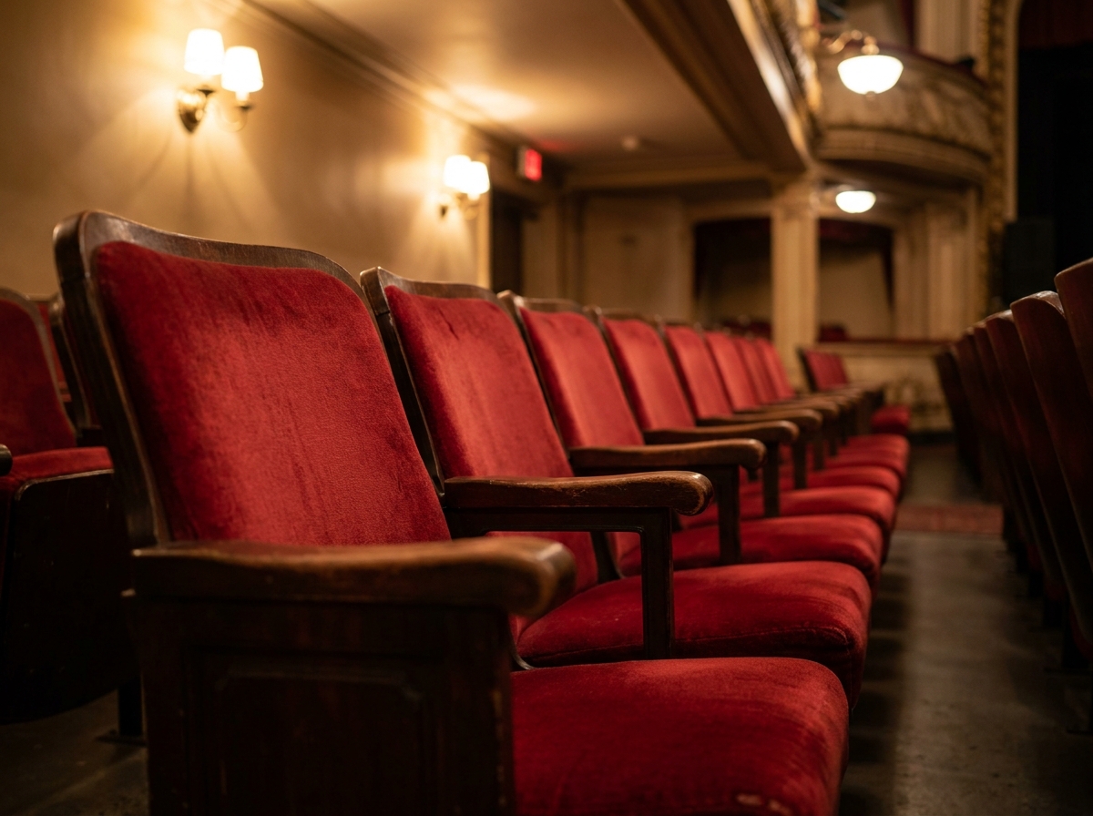 A row of numbered red velvet seats in a theatre.