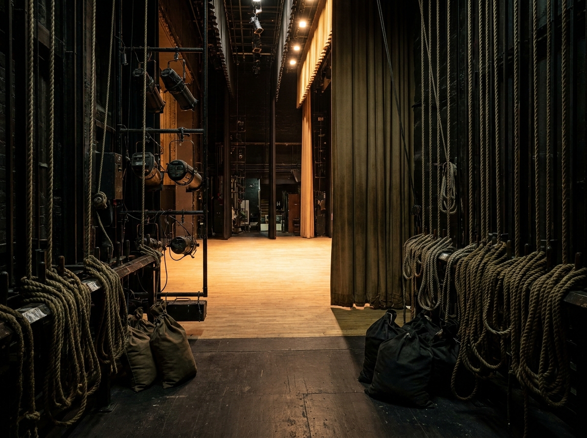 A behind-the-scenes view from the wings of a theatre stage.