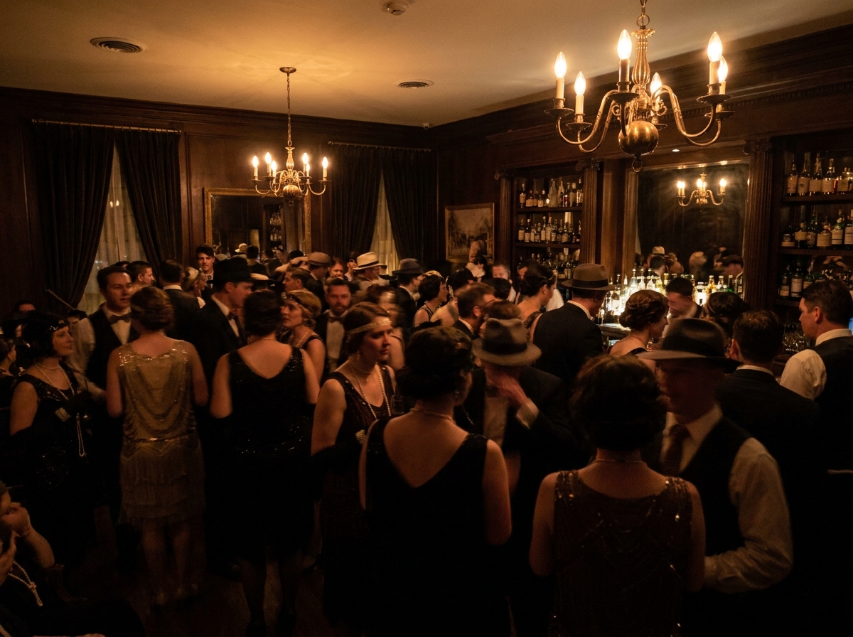 Guests in 1920s fancy dress at a speakeasy themed party.