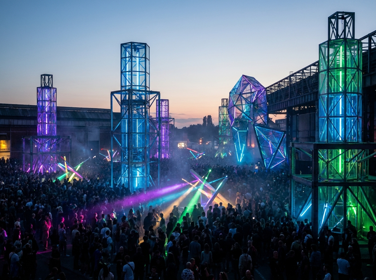A crowd at a futuristic themed party with neon lighting.
