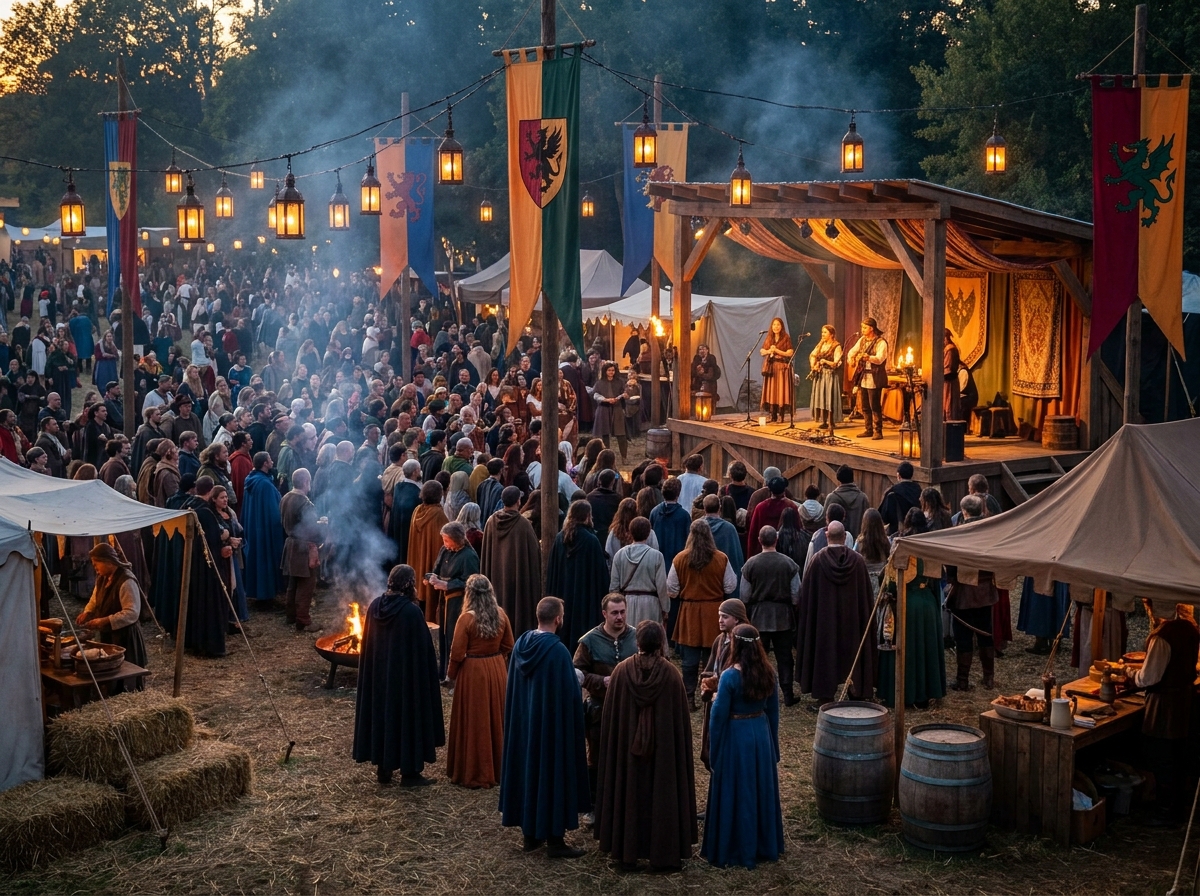 An outdoor fantasy-themed party with guests in costume at dusk.