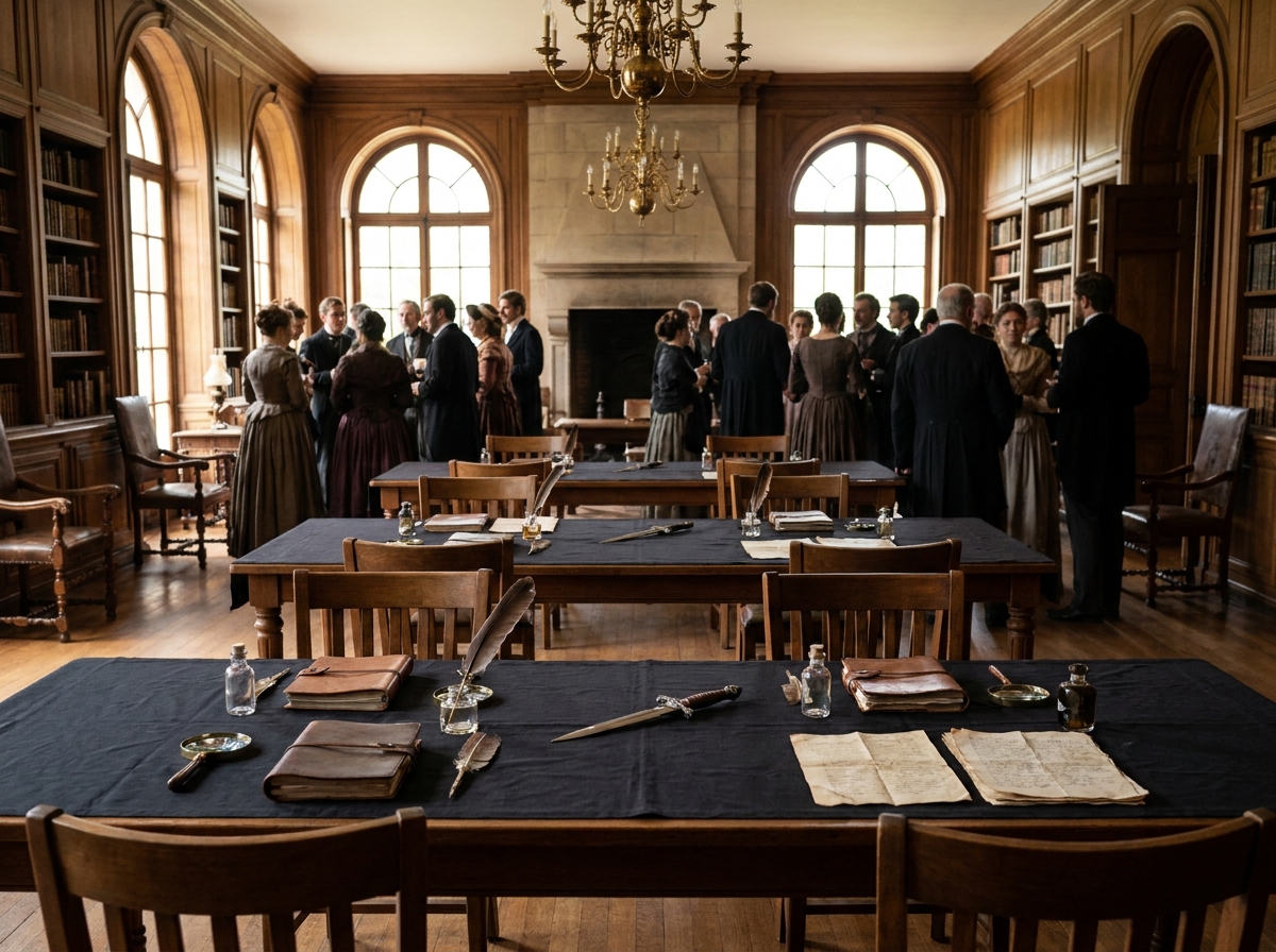 A murder mystery themed party set up in an old library.