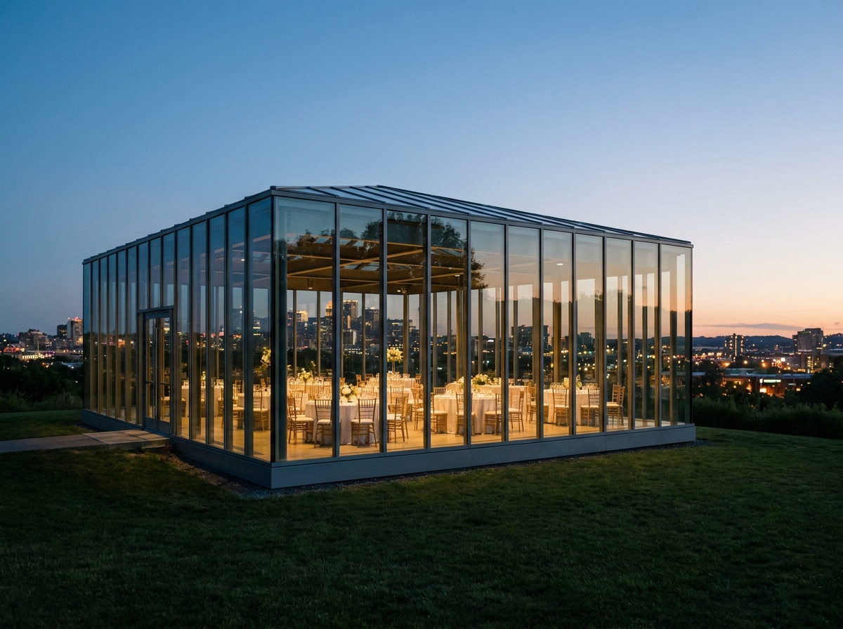 A modern glass pavilion in Toledo set up for an evening event.