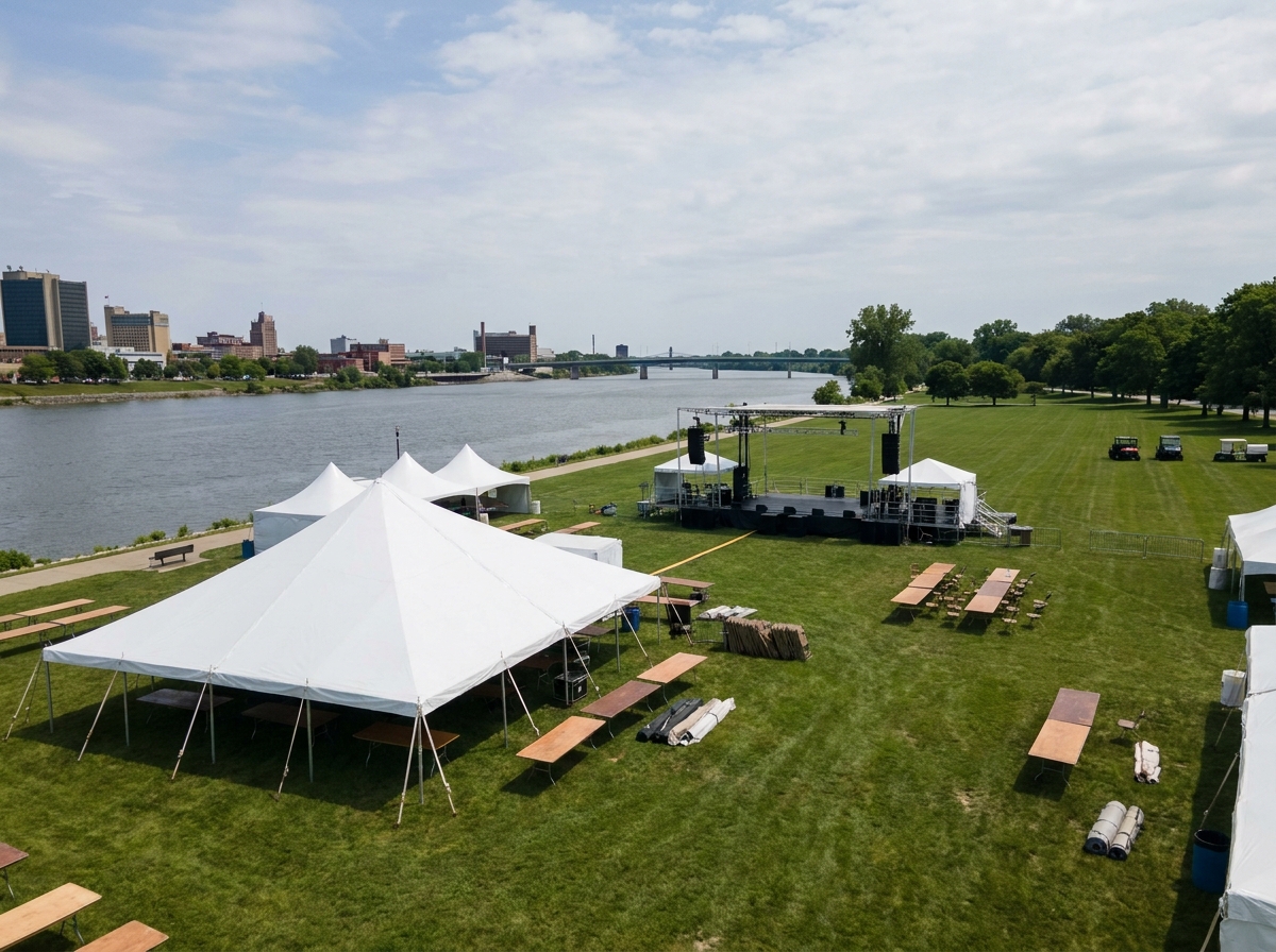 An outdoor festival site being prepared on the Toledo riverfront.