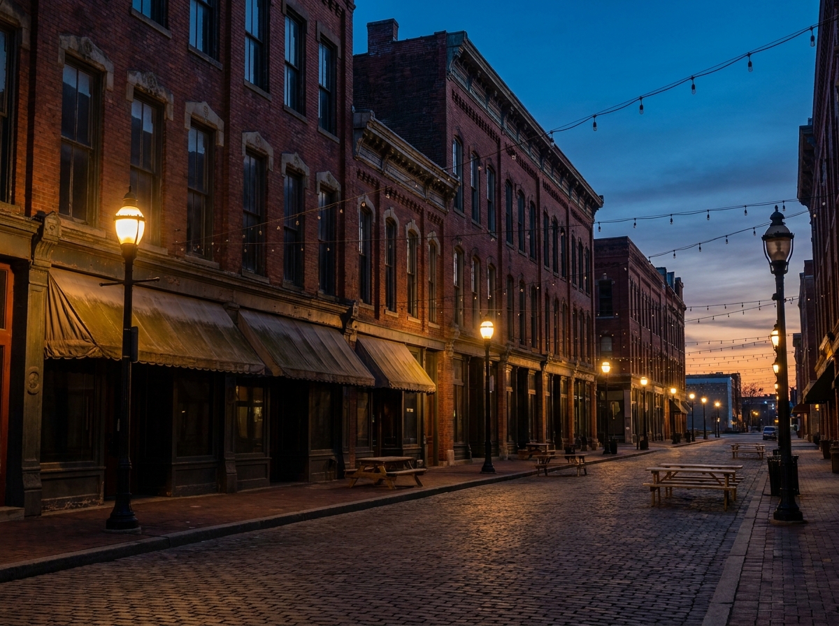 An empty historic street in downtown Toledo at dusk.