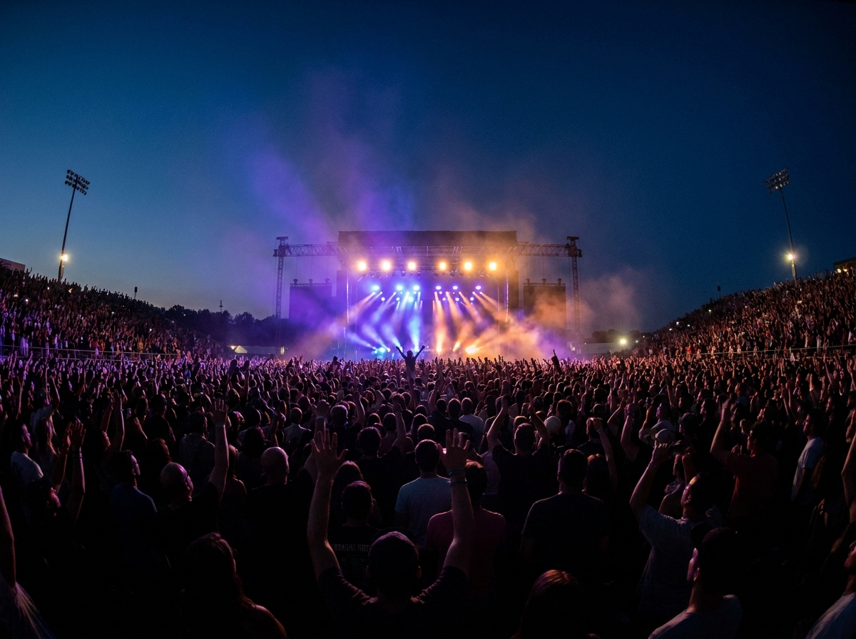 A large crowd of silhouettes at a music event, with colorful lights from the stage.