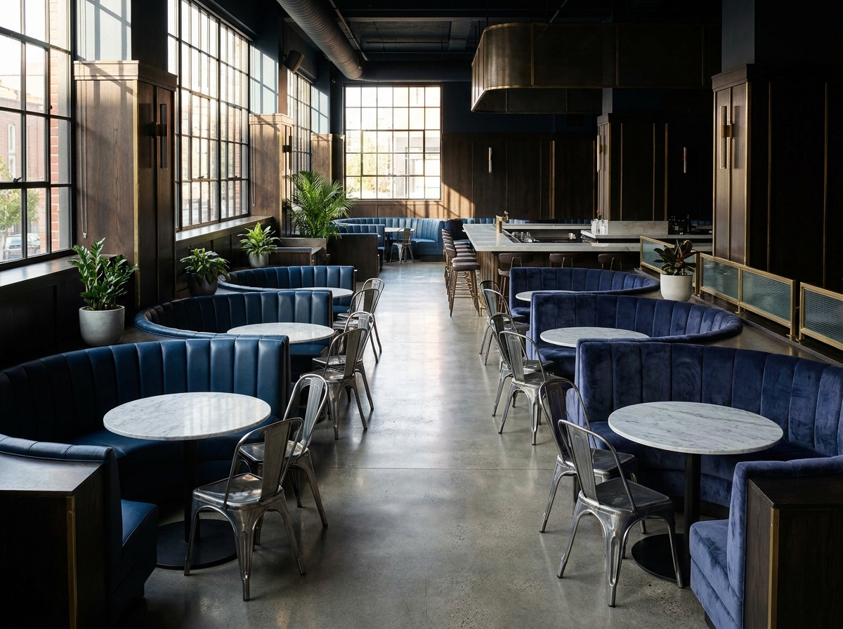 An empty, upscale VIP section of a music venue before a Top 40 night.