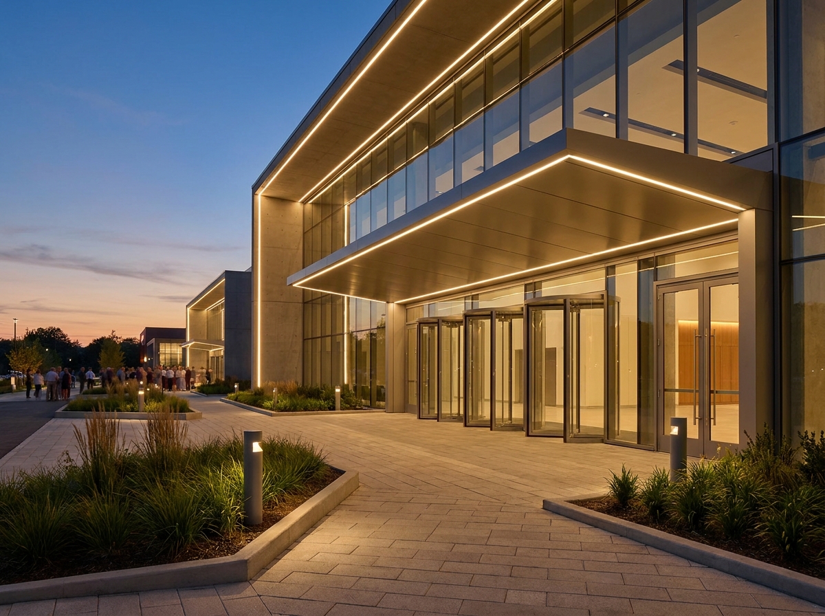 The modern, illuminated entrance to a venue, ready for a Top 40 event.