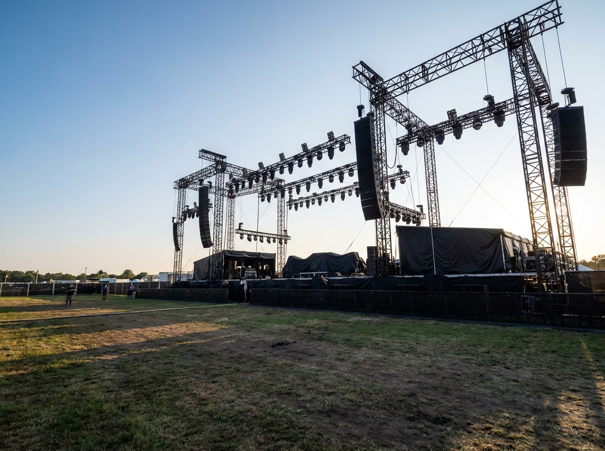 An empty concert stage with professional lighting and sound equipment set up for a show.
