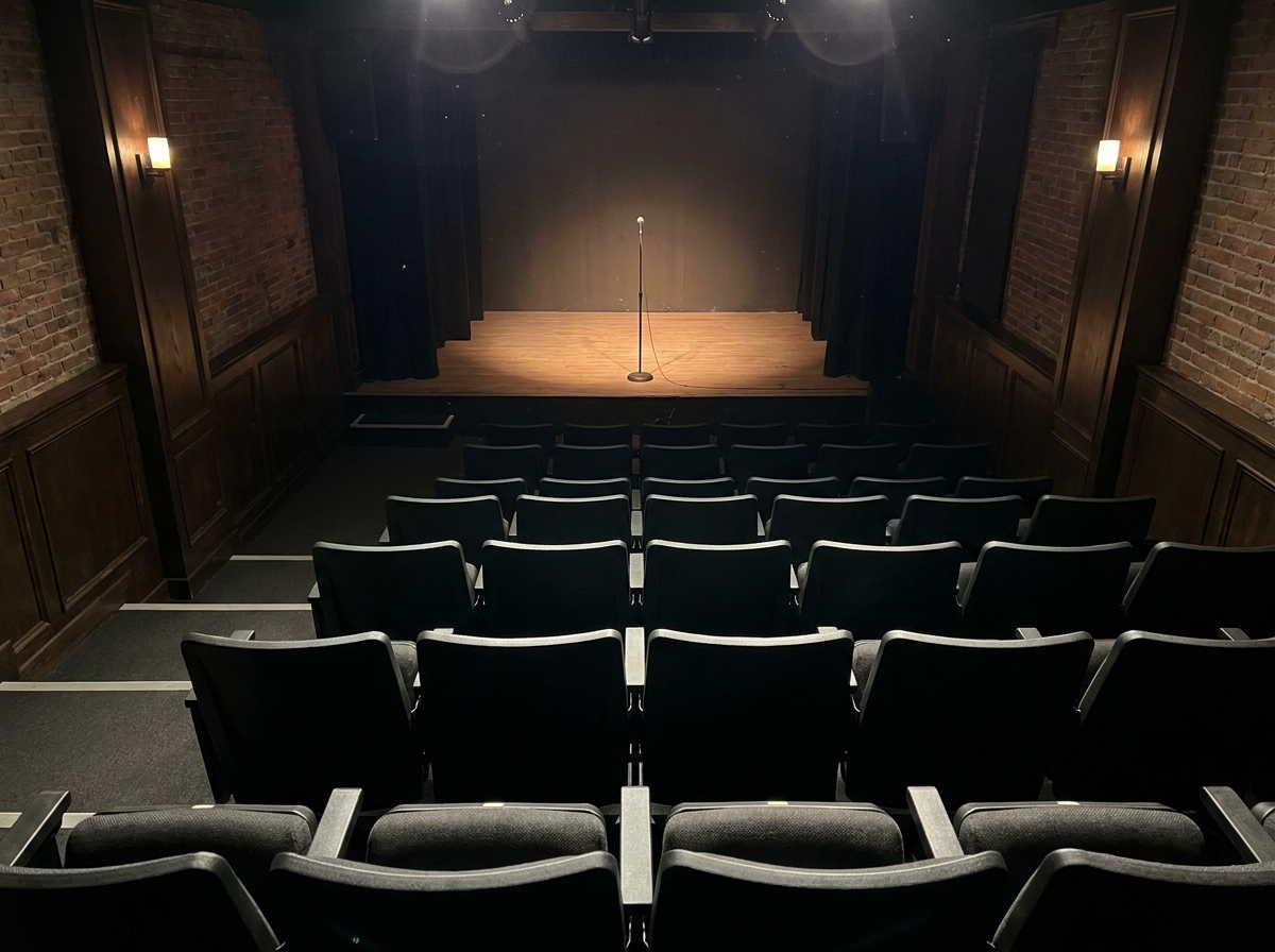 View from the back of an empty, intimate theatre set up for a comedy show in Toronto.