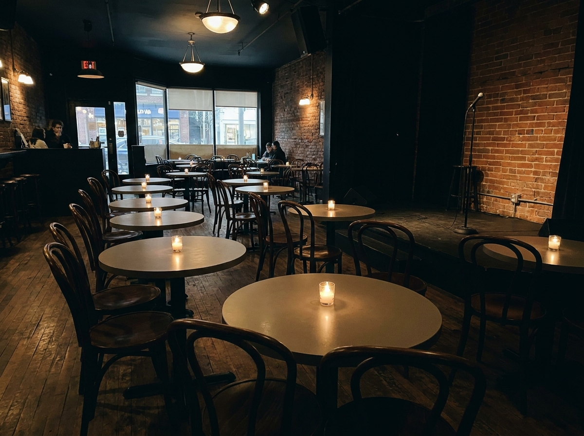Empty tables and chairs arranged in a Toronto venue for a comedy night.