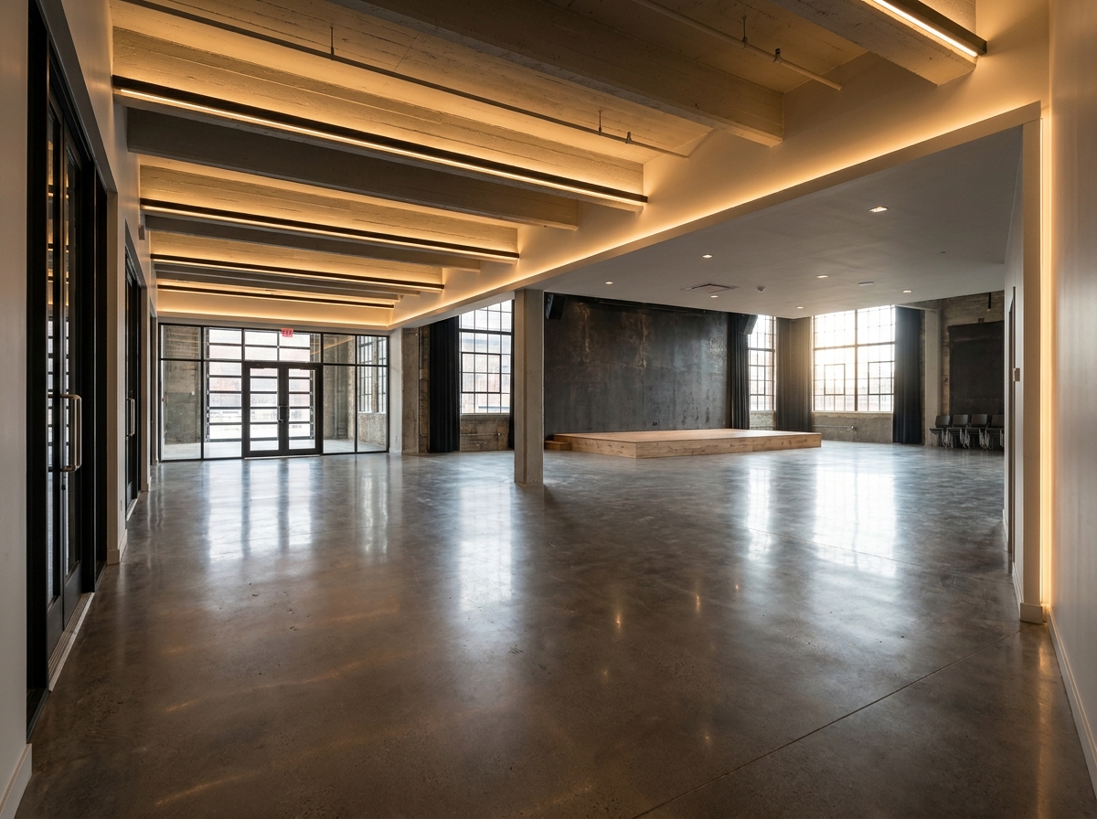 The empty entrance of a modern Toronto event space prepared for a comedy night.