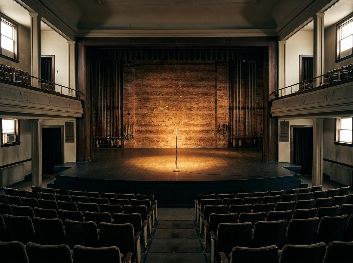 A professional, empty theatre stage in Toronto set for a stand-up comedy show.