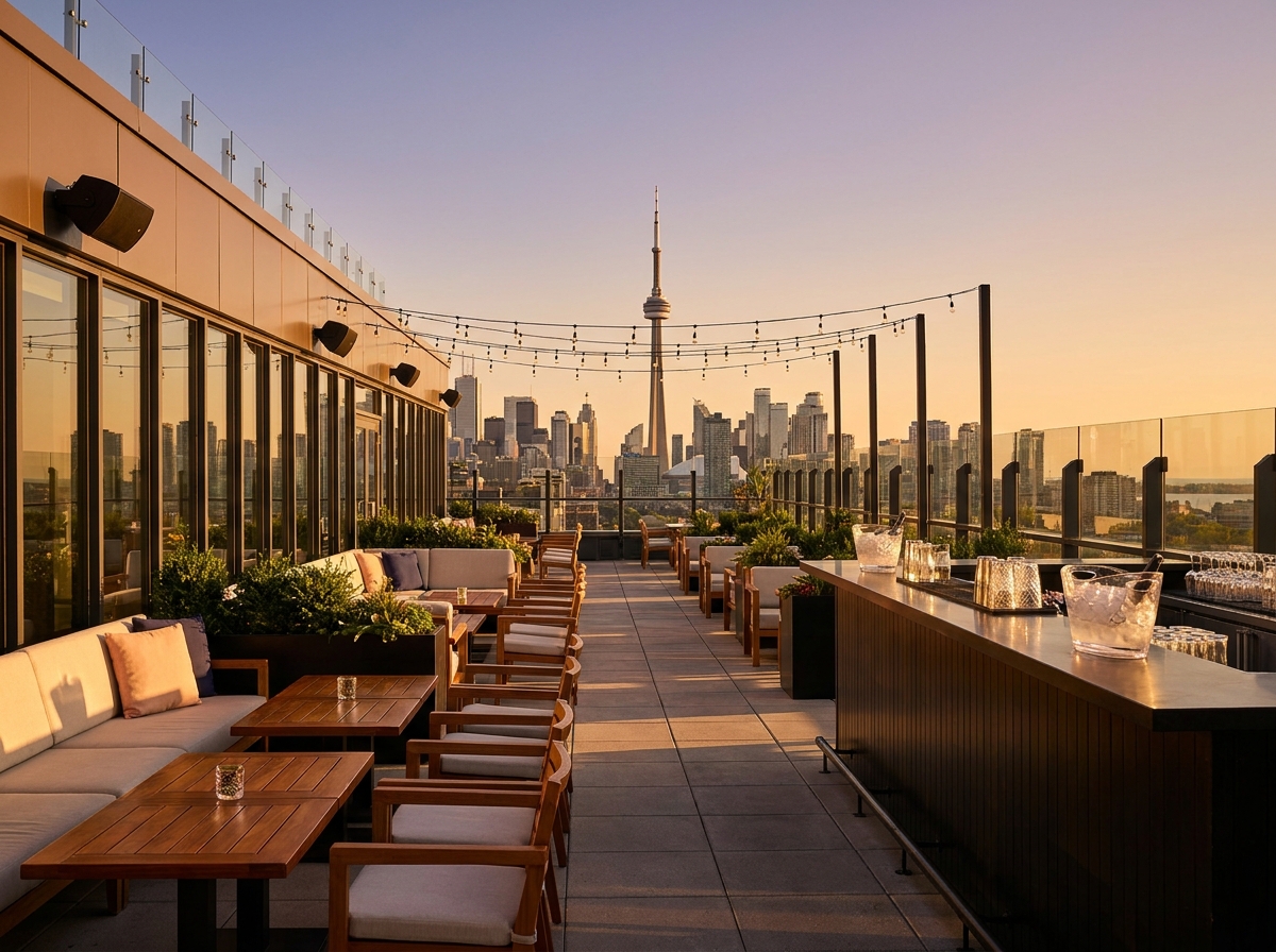 An empty rooftop event venue overlooking the Toronto skyline at sunset.