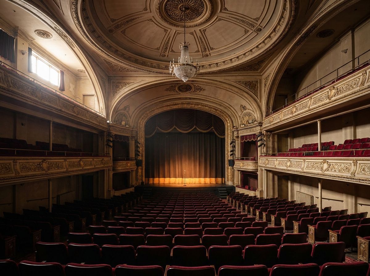 The empty, lit stage and seating of a historic Toronto theatre.