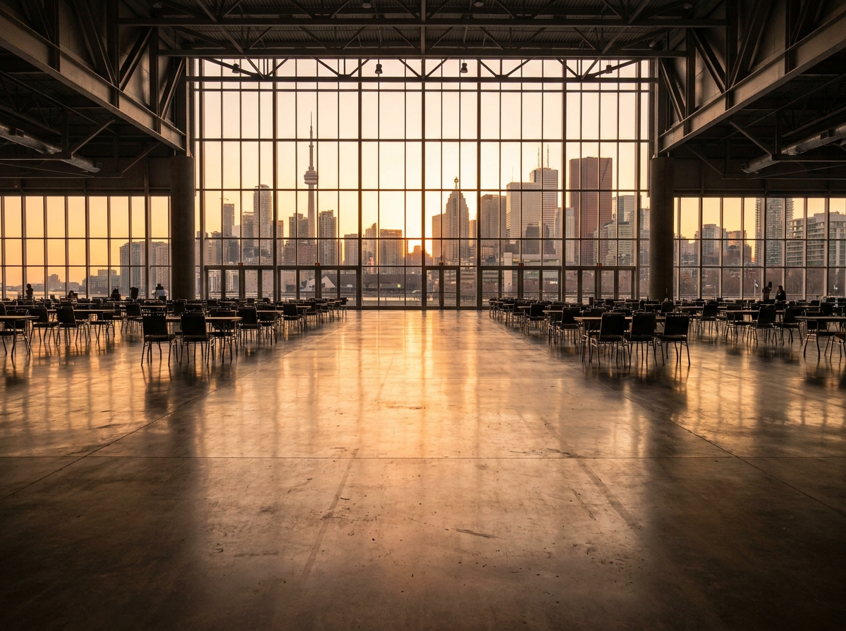 An empty convention center in Toronto with a skyline view at sunset.