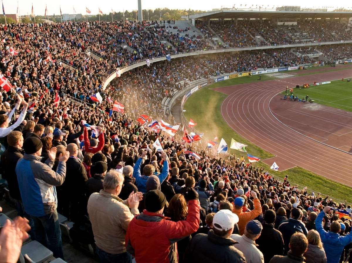 A large crowd of spectators cheering at a track and field meet.