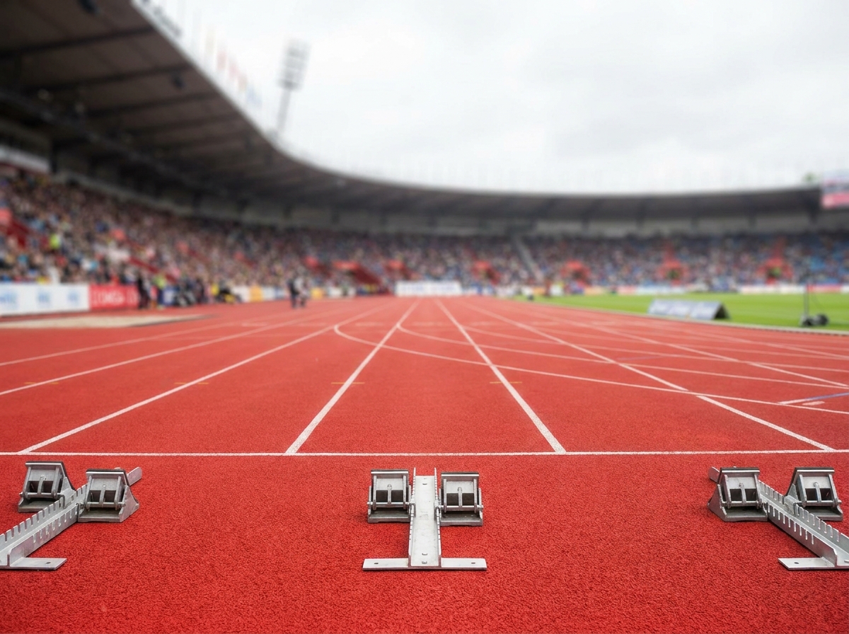 Empty starting blocks on a professional running track before a race.