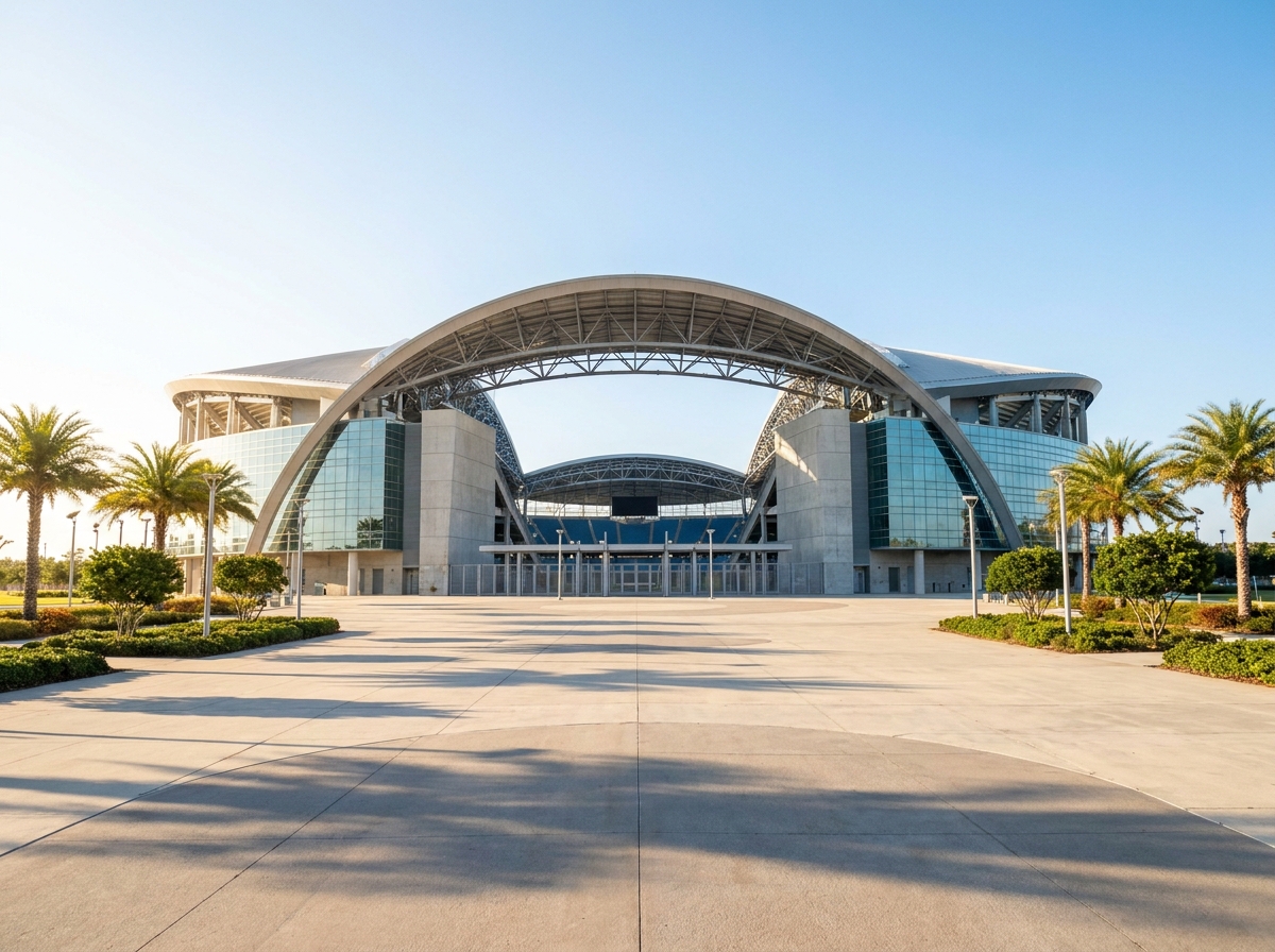 The clean, modern entrance to a large sports stadium.