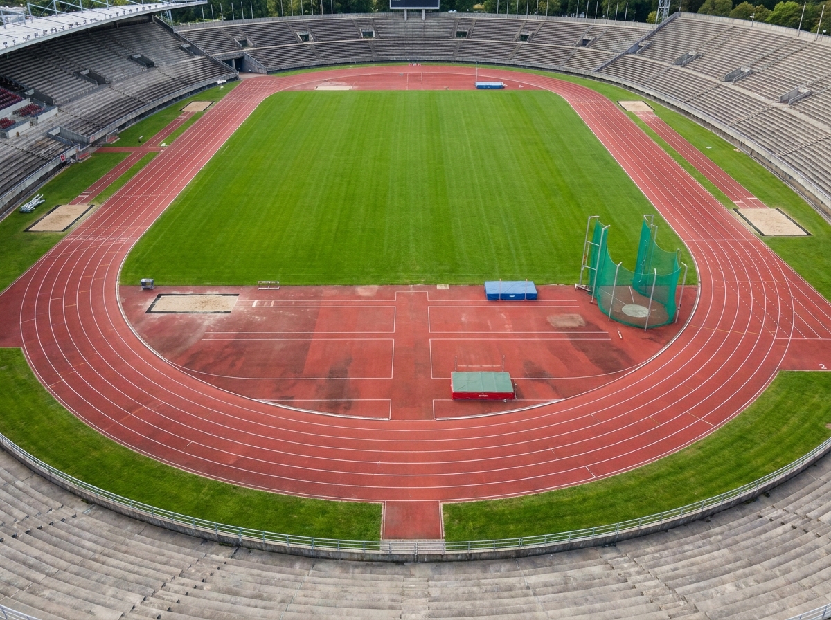 Overhead view of an empty track and field facility with a running track and infield.