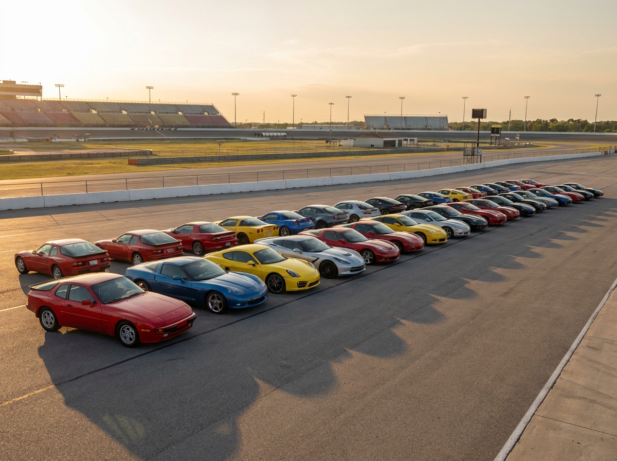 A variety of sports cars lined up in the paddock during a track day, waiting for their session.