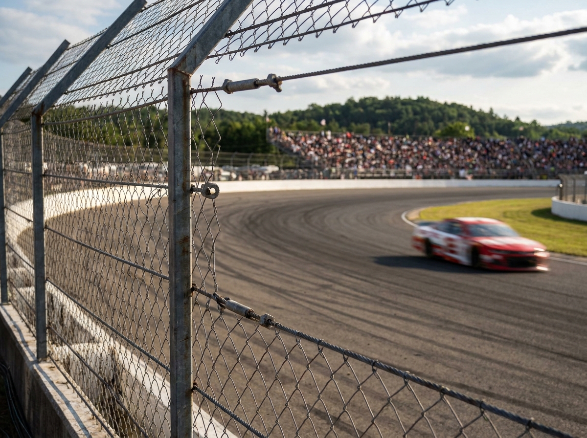 A high-speed shot of a car blurring past a corner at a motorsport event, emphasizing the action.