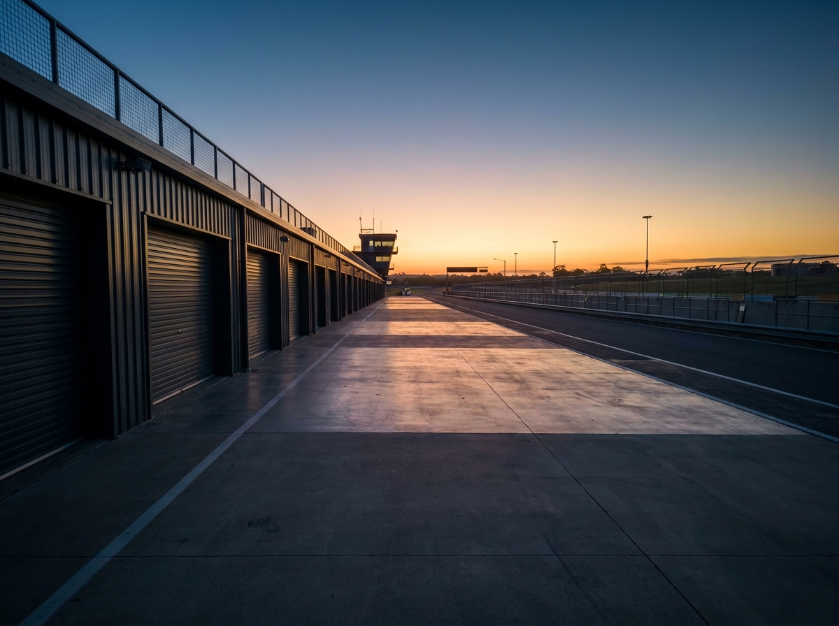 The empty pit lane of a race track early in the morning before a track event begins.