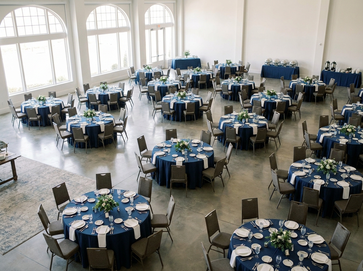 An empty conference hall prepared for a corporate networking event at a trade show.