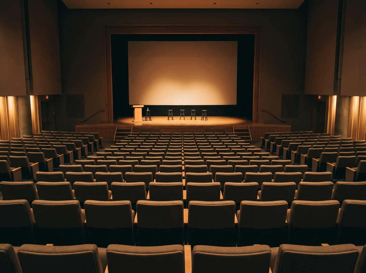 An empty auditorium with a large screen, ready for a keynote presentation at a trade show.